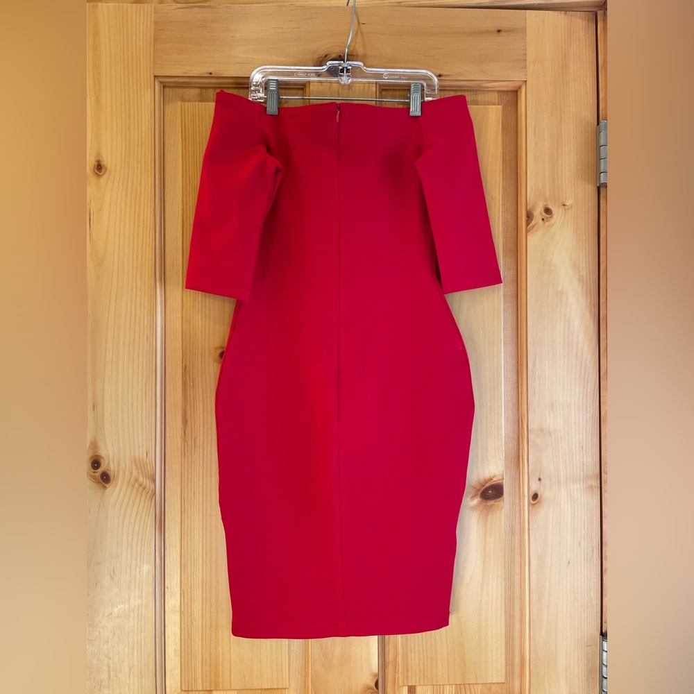 Oak + Fort “FH5 dress”: off the shoulder red bodycon mini dress